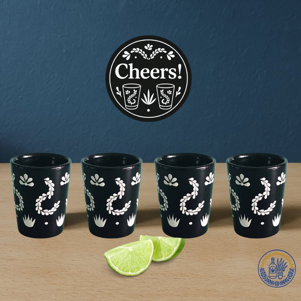 Set of 4 Black Ceramic Shot Glasses, Hand Painted Mexican Style Barware